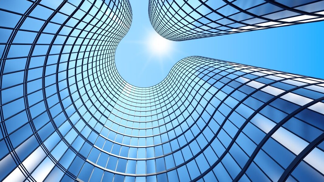 3d render of morning view to perspective glass building