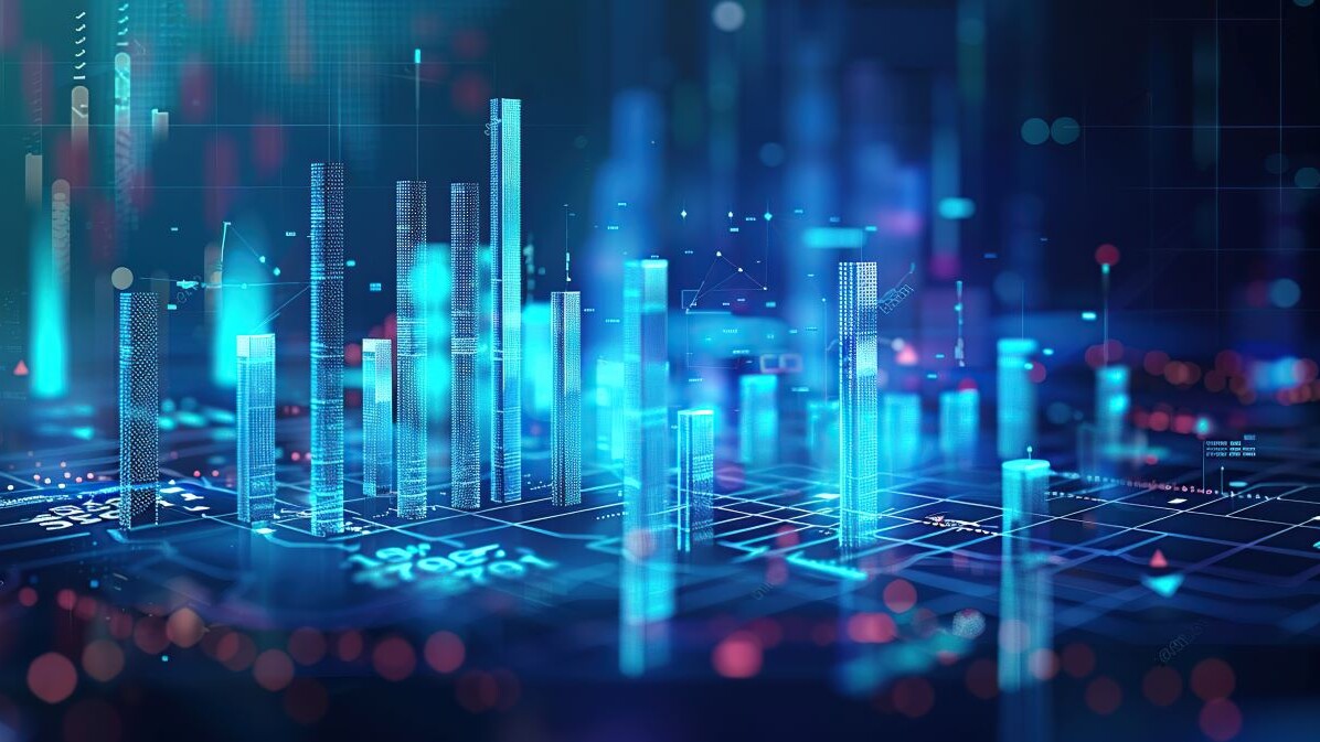 image of business investing and data concept with digital financial chart graphs, diagrams and indicators on dark blue blurry background