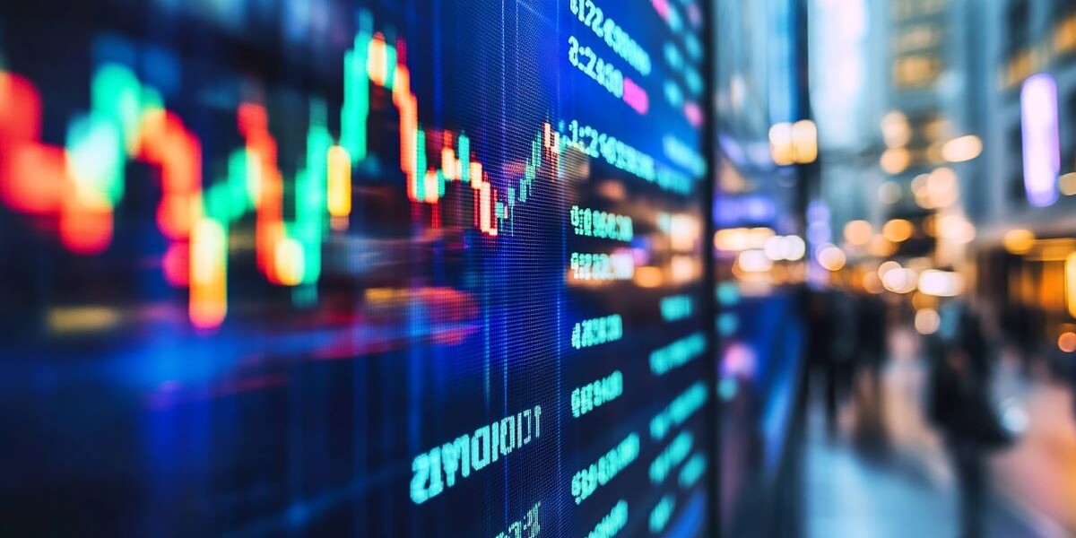 image of financial ticker on screen, abstract image depicting financial numbers and graphs on screen