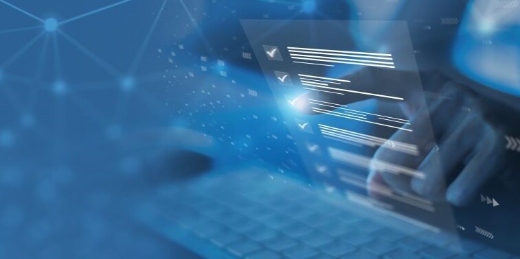 Business performance monitoring concept, businesswoman using computer Online survey filling out, digital form checklist