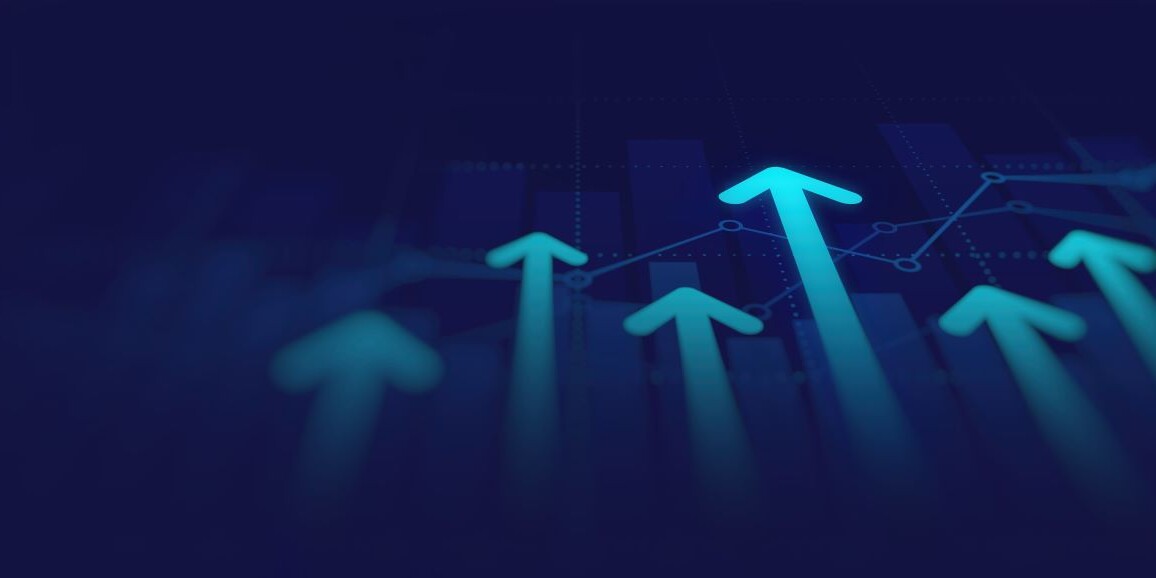 Abstract financial graph with uptrend line and arrows in stock market on blue color background