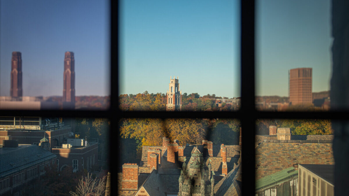 View of Yale through window pane