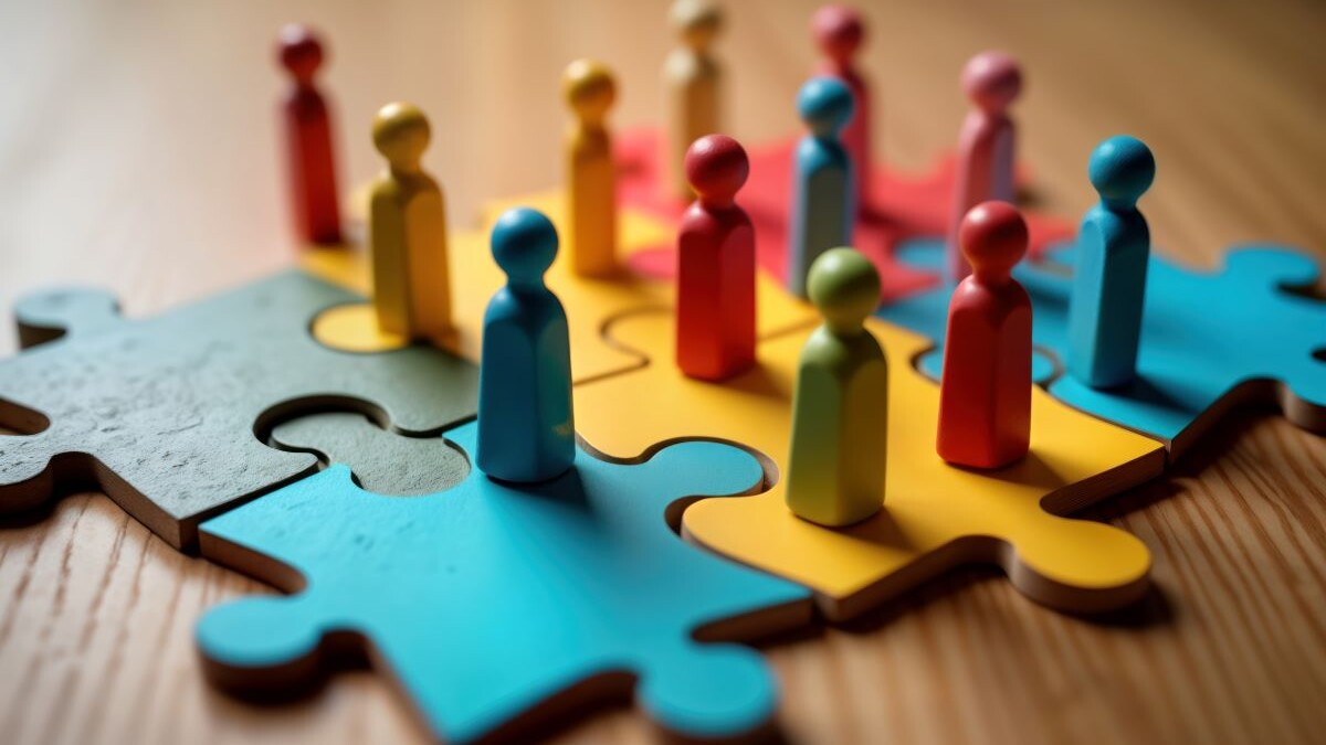 Colorful wooden figures represent diverse people connecting on jigsaw pieces.