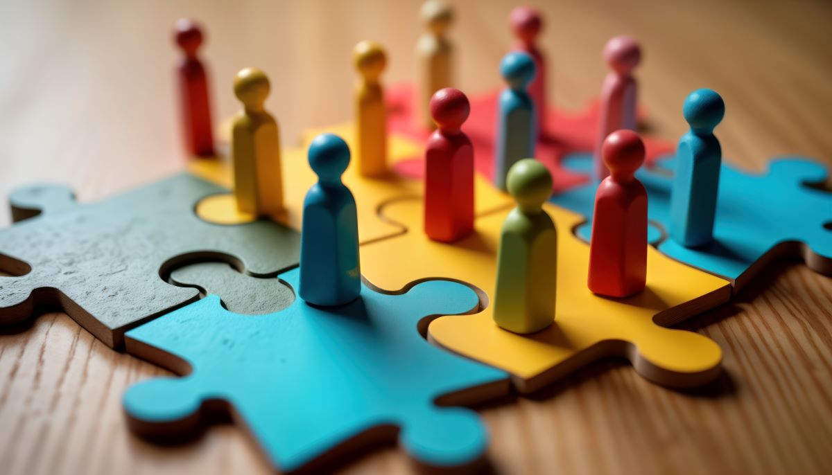 Colorful wooden figures represent diverse people connecting on jigsaw pieces.