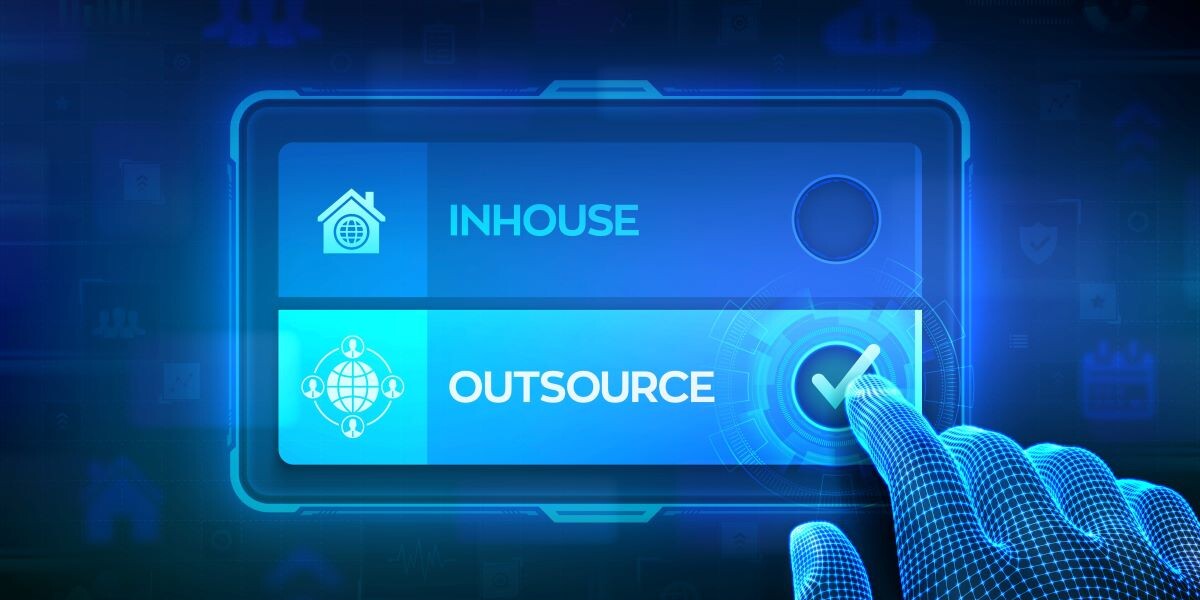 Outsource or inhouse choice concept. Making decision. Outsourcing Global recruitment. Human Resources. Hand on virtual touch screen ticking the check mark on outsource button. Vector illustration.