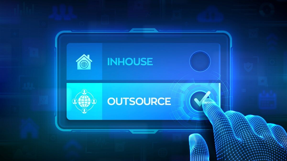 Outsource or inhouse choice concept. Making decision. Outsourcing Global recruitment. Human Resources. Hand on virtual touch screen ticking the check mark on outsource button. Vector illustration.