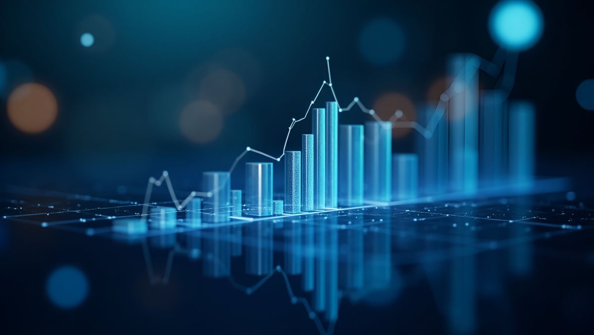 Competitive graphs and market analysis visuals holographically represent benchmarking and competitive analysis for business strategy concept