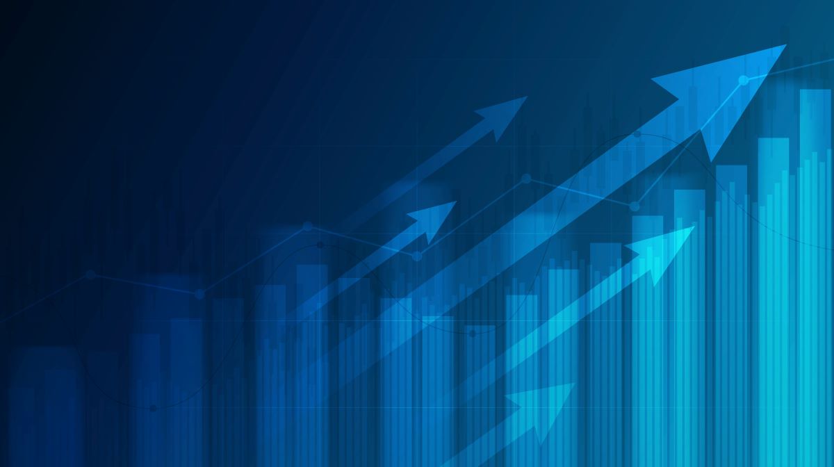 Abstract financial graph with uptrend line and arrows in stock market on blue color background