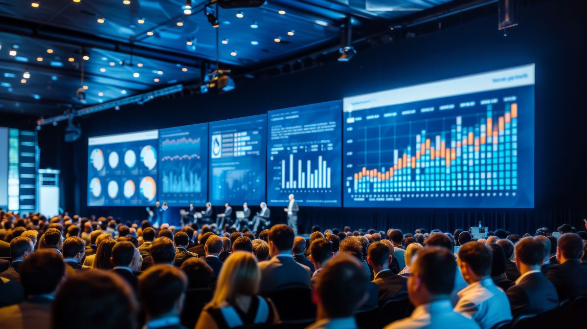 A finance technology conference with keynote speakers and a large audience, large screens displaying financial analytics