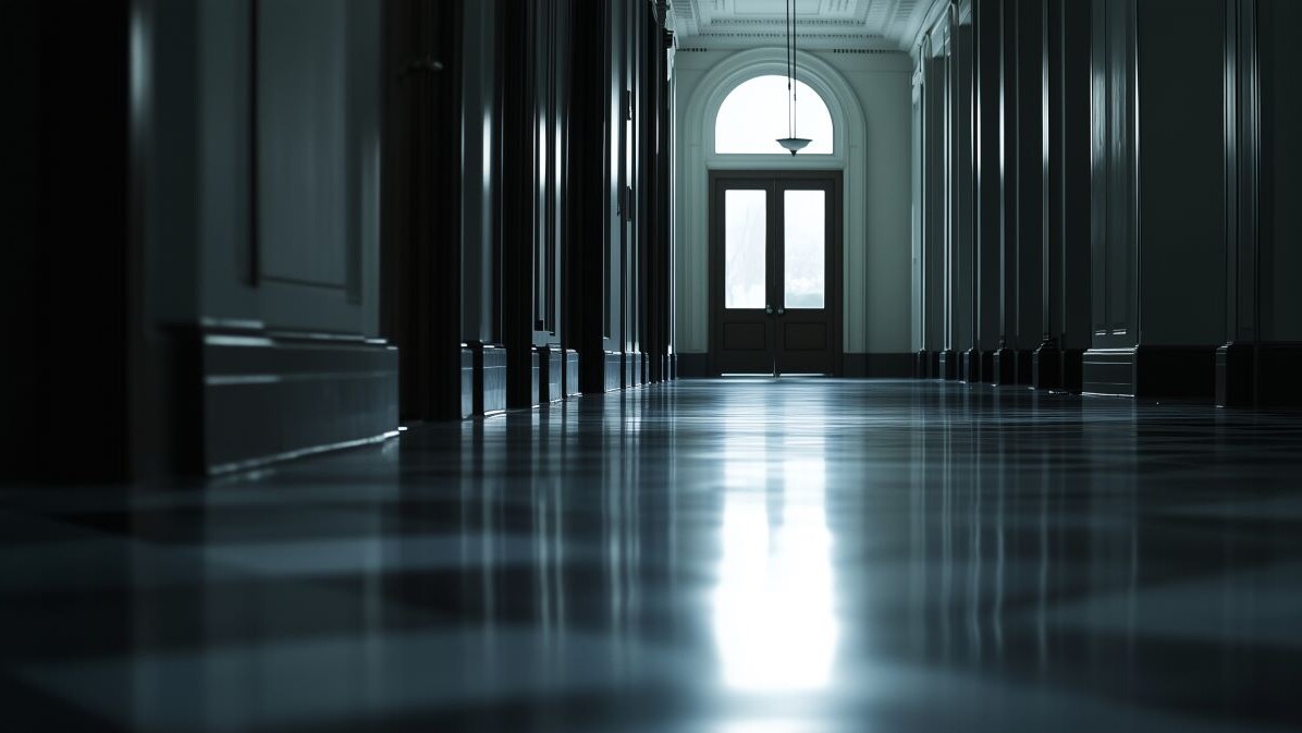 Abandoned government building with empty hallways and closed doors in dim natural light, symbolizing shutdown