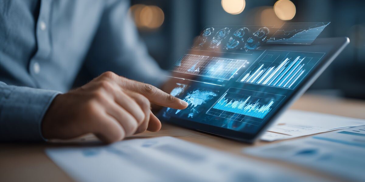 Businessman reviewing quarterly financial report with tablet and graphs AI technology concept