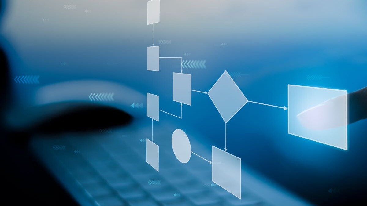Business process and workflow automation with flowchart, businessman in background