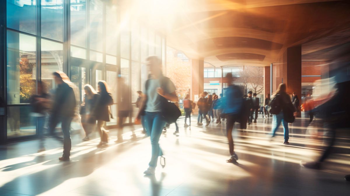 A bustling university or college environment where students are seen walking to their classes. Generative AI
