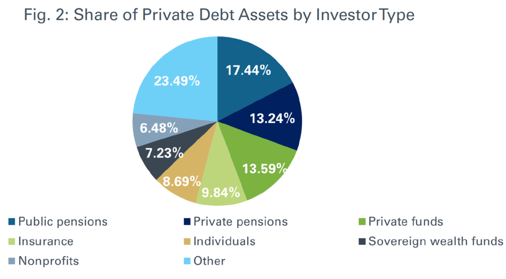 Pie Chart of Share of Private Debt Assets by Investor Type