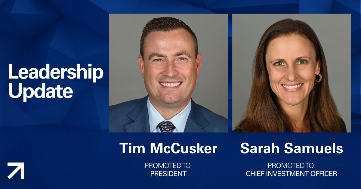 Graphic of headshots showing NEPCs Tim McCusker being promoted to President and Sarah Samuels being promoted to Chief Investment Officer