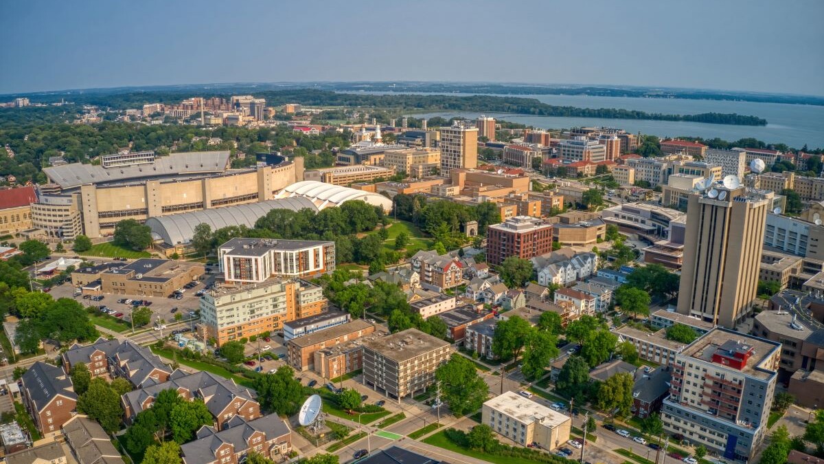 Aerial View of a large University in Madison, Wisconsin