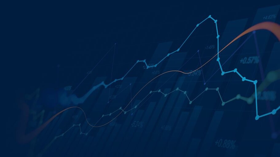 Widescreen Abstract financial graph with uptrend line and bar chart of stock market on blue color background