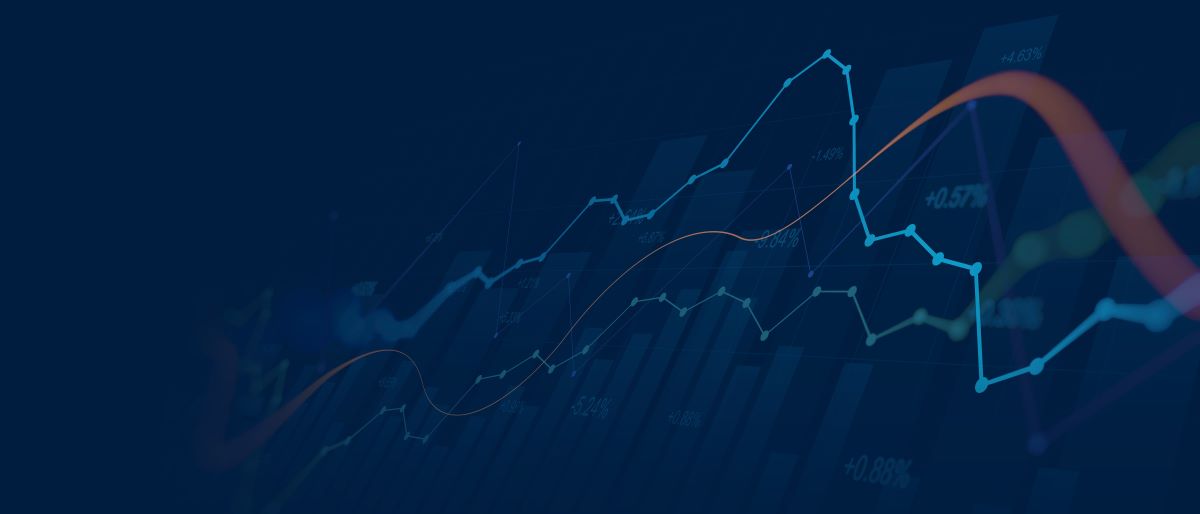 Widescreen Abstract financial graph with uptrend line and bar chart of stock market on blue color background