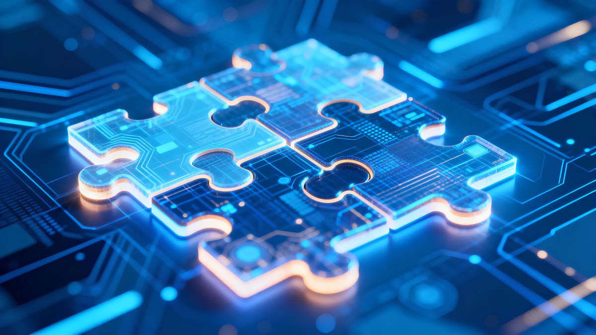 Futuristic digital puzzle pieces interlocking on glowing blue abstract background