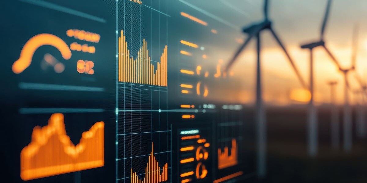 Futuristic stock market visualization wind farm data analysis energy sector close-up renewable trends