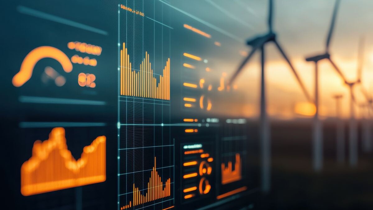 Futuristic stock market visualization wind farm data analysis energy sector close-up renewable trends
