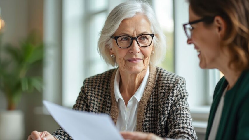 Older woman in glasses talks with younger woman about insurance policy documents.