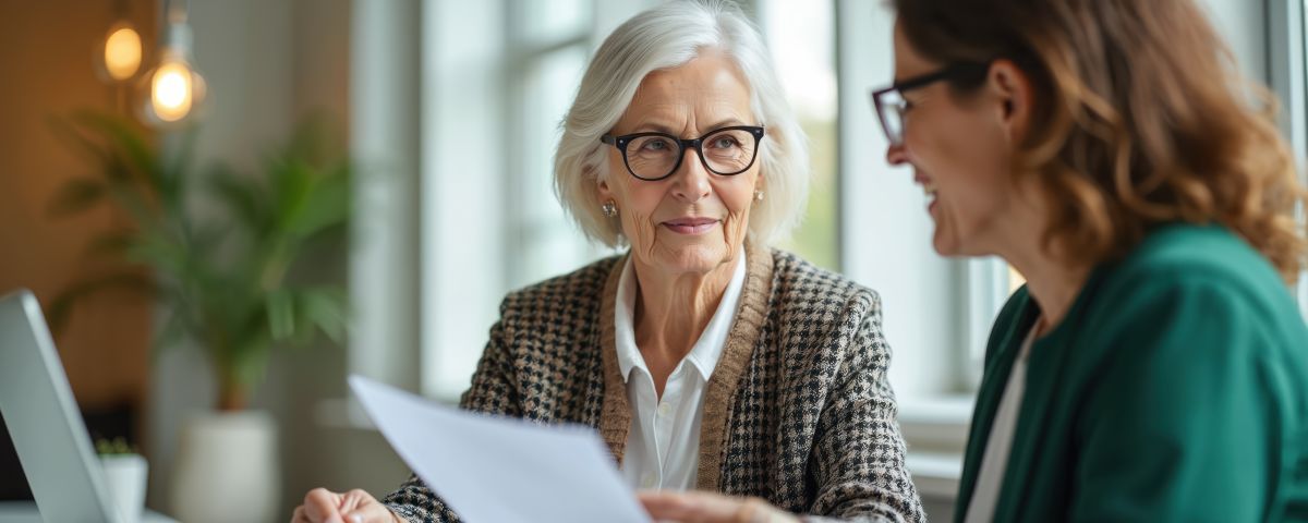 Older woman in glasses talks with younger woman about insurance policy documents.