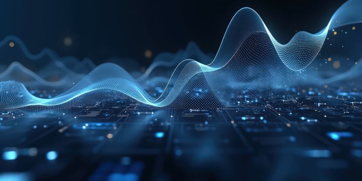 Futuristic blue digital waves flowing across a virtual landscape, representing artificial intelligence, data analysis, and modern technology