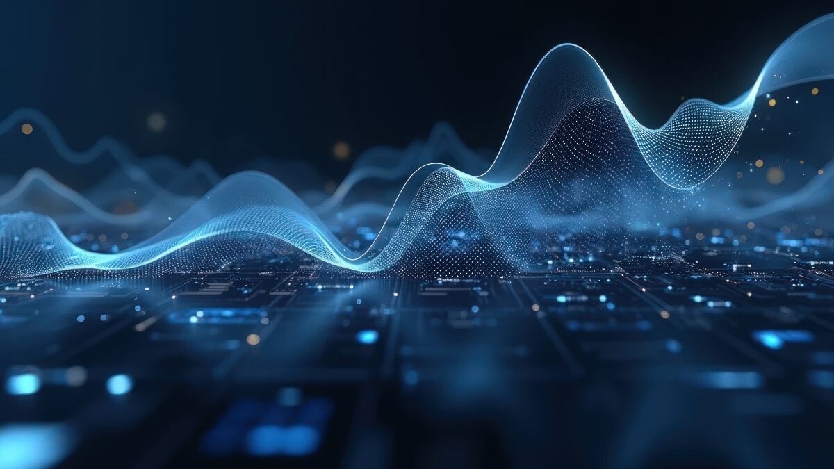 Futuristic blue digital waves flowing across a virtual landscape, representing artificial intelligence, data analysis, and modern technology