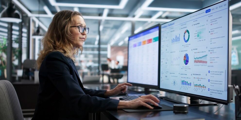 Compliance Officer Monitors Business Security Regulations With Dashboard