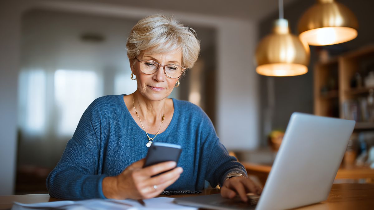 Senior woman reviewing pension information online