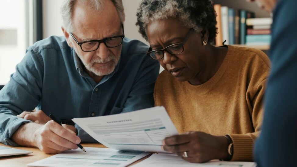 Elderly couple reviews financial documents with consultant. Man signs paper, woman reads contract at table.