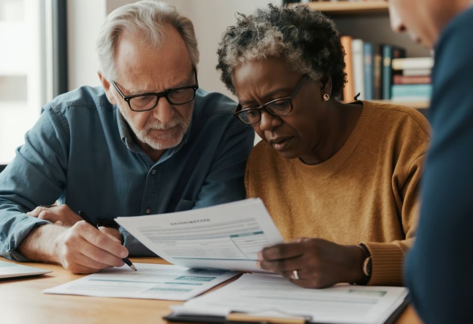 Elderly couple reviews financial documents with consultant. Man signs paper, woman reads contract at table.