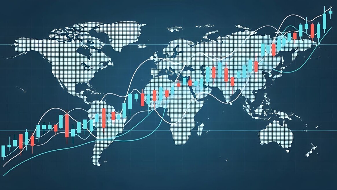 Downloaded File #: 2092570000 Global Financial Market Trends Represented by an Upward Stock Exchange Candle Chart Overlaying a World Map Background for Economic Analysis