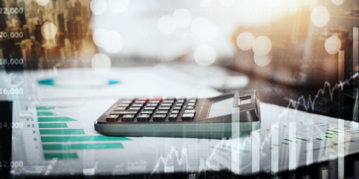 Calculator, business data overlay and finance logistics graphic for tax, audit and investment.