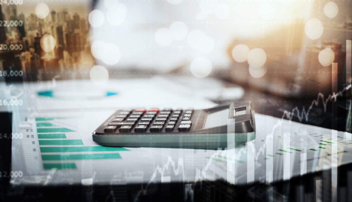 Calculator, business data overlay and finance logistics graphic for tax, audit and investment.