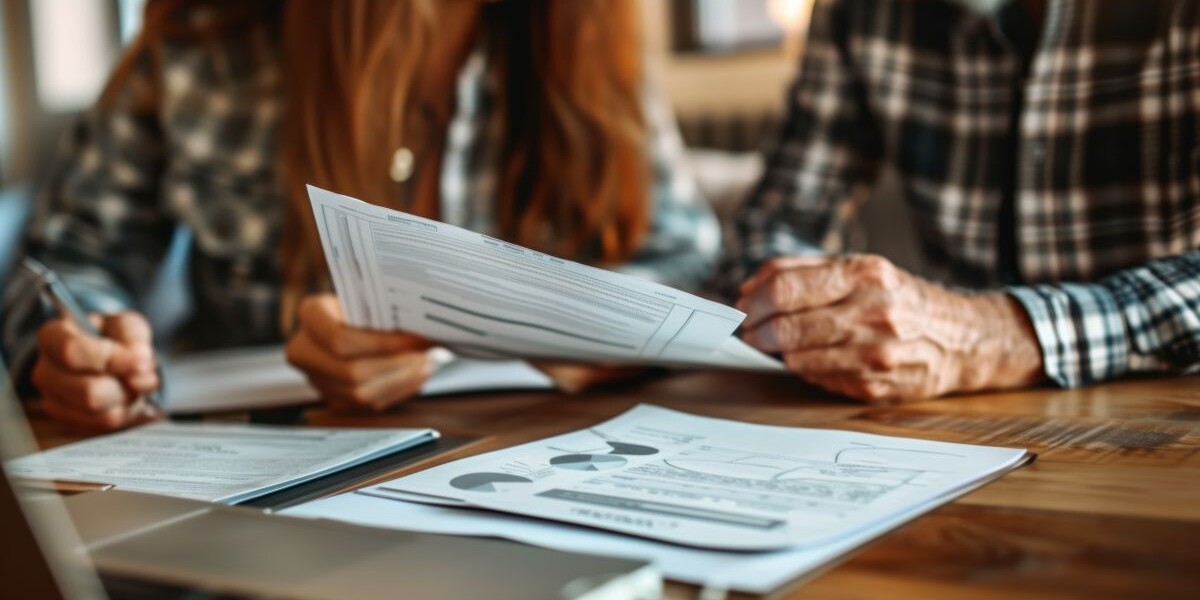 Elderly couple, old lady and man sitting together with a laptop and documents, discussing pension retirement plans, insurance