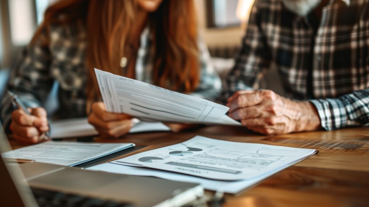 Elderly couple, old lady and man sitting together with a laptop and documents, discussing pension retirement plans, insurance